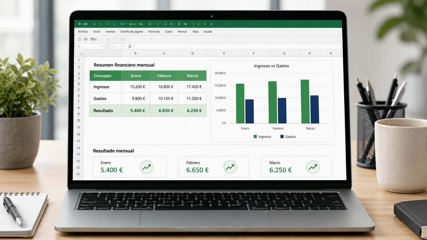 Cálculo de ingresos y gastos mensuales en Excel con gráfico comparativo.
