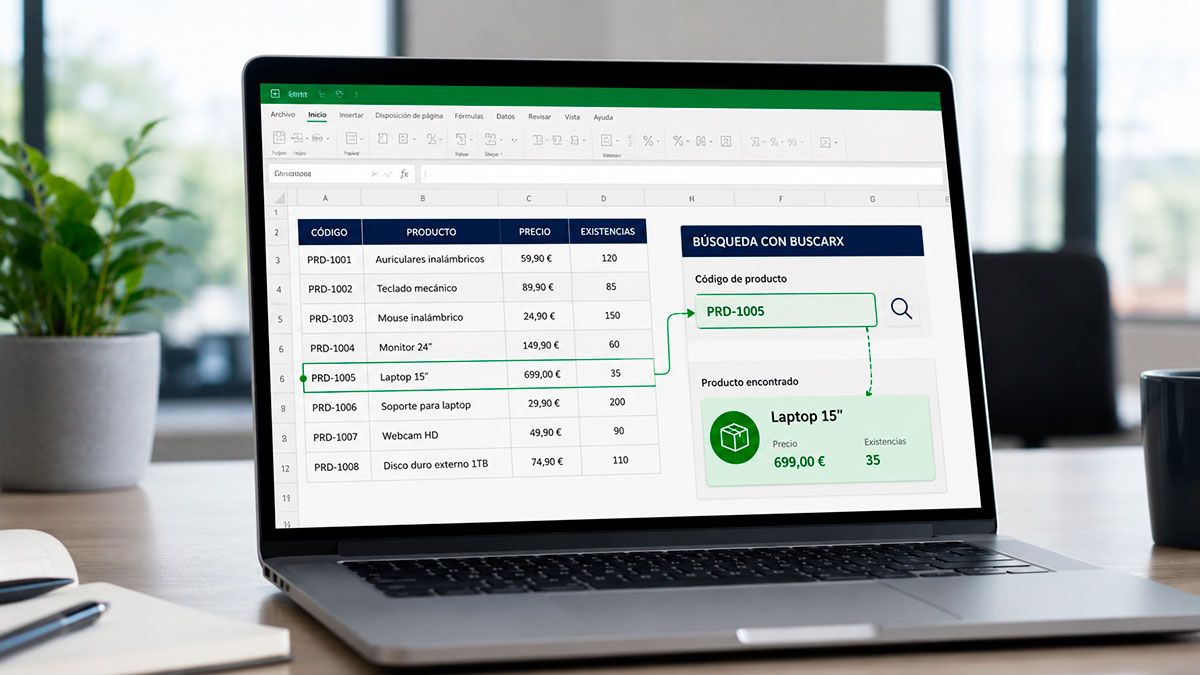 Función BUSCARX aplicada a una tabla empresarial de Excel.