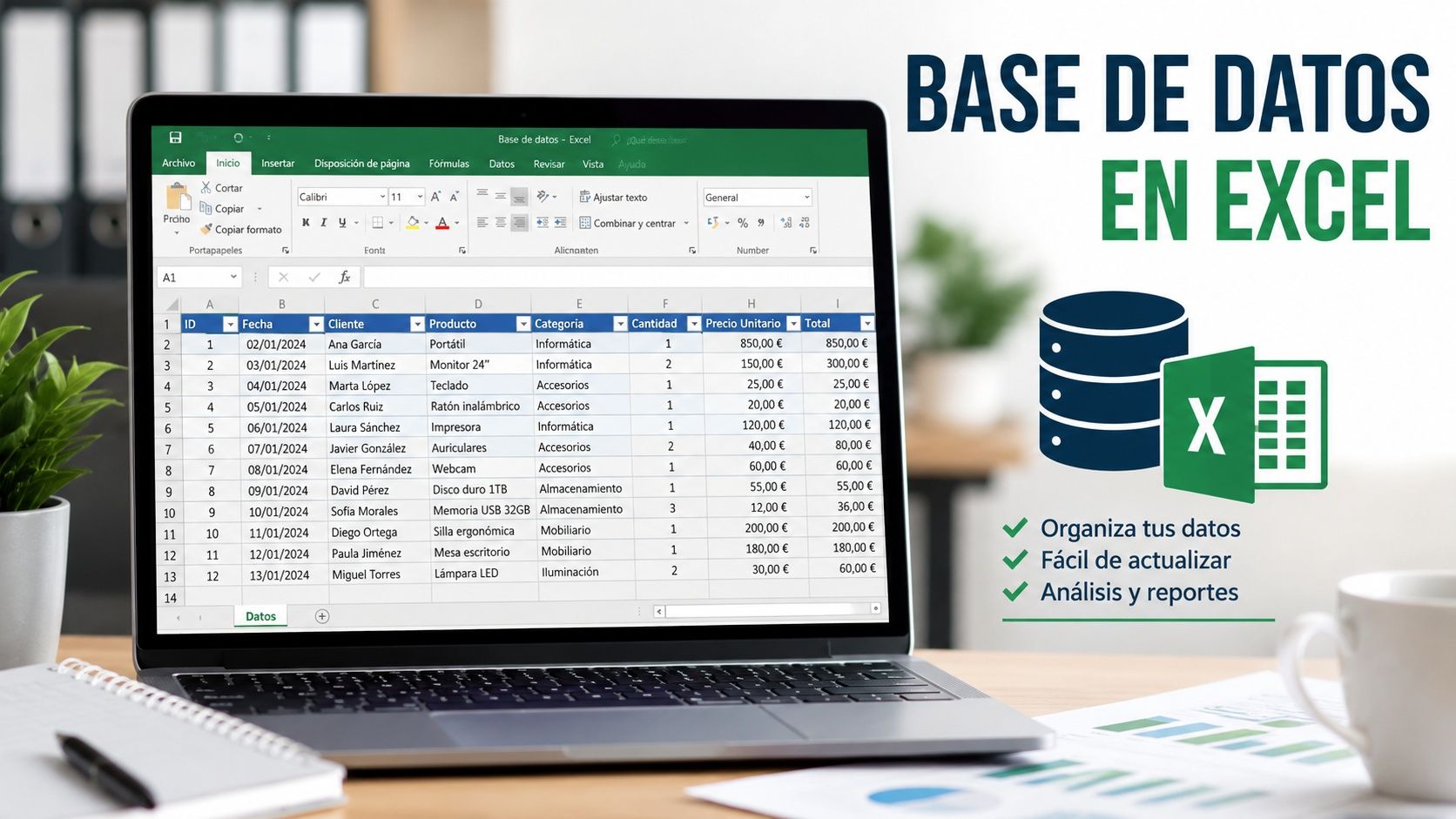 Base de datos organizada en Excel para crear un dashboard financiero.