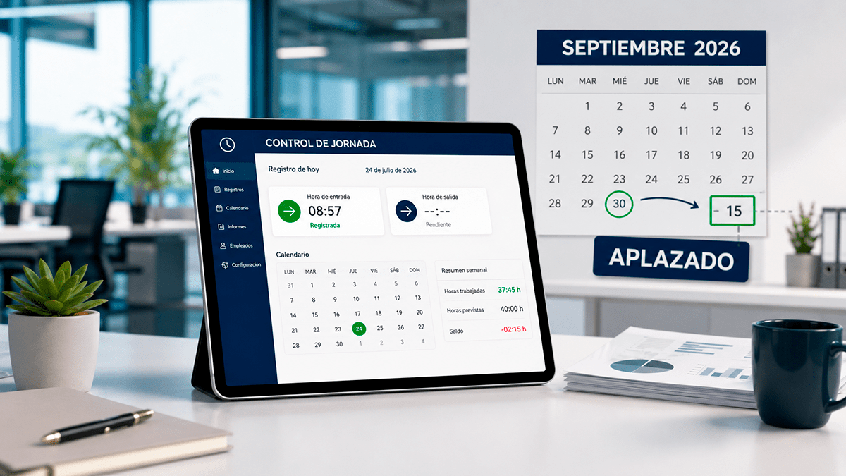 Sistema de registro horario digital junto a un calendario de septiembre de 2026