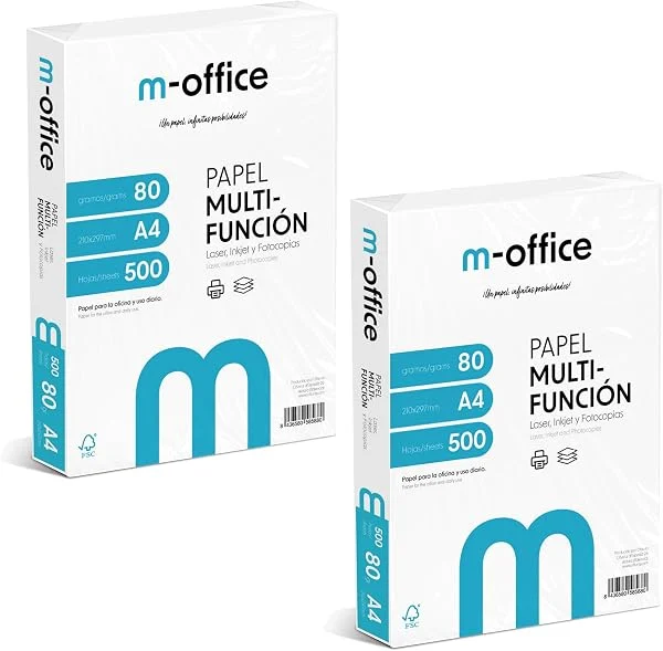 Paquete Folios A4 80gr, 2 Paquetes de 500 hojas, Papel Multifunción para Impresora Inkjet y Láser, Hojas A4 210 x 297 mm Ideales para la Oficina como para el Hogar · m-office (1000 hojas)